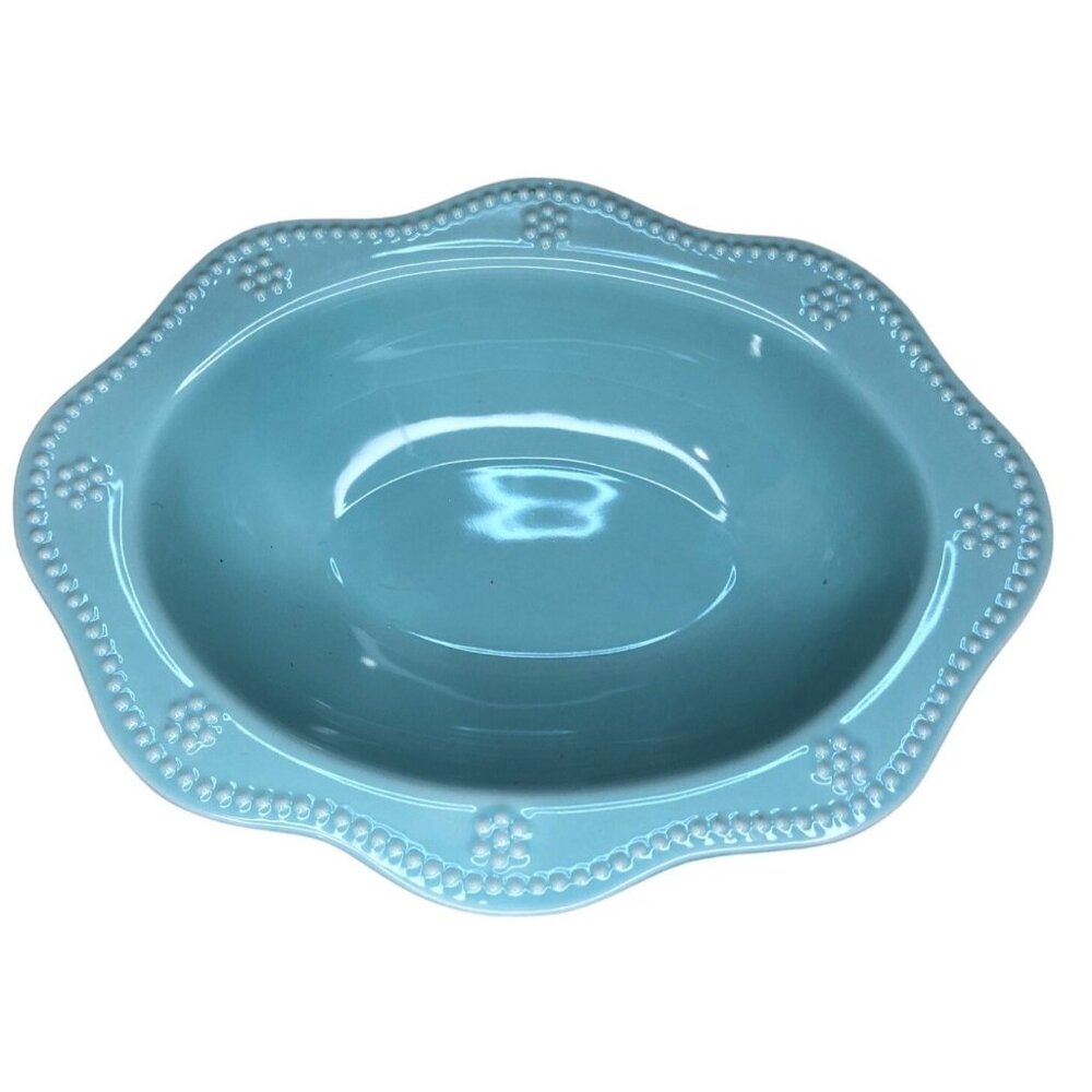 Food Network Aqua Oval Serving Bowl 11"with Embossed Flower